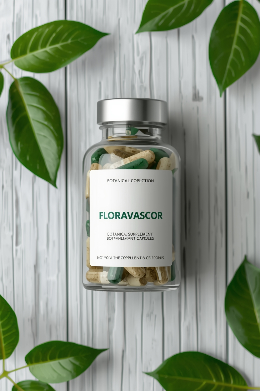 Glass bottle with dried herbs and botanical elements on a wooden surface